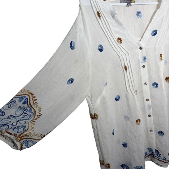 Figueroa & Flower Blouse Women's 1X V-Neck Textured 3/4 Sleeve Sheer Button Top - Picture 4 of 9